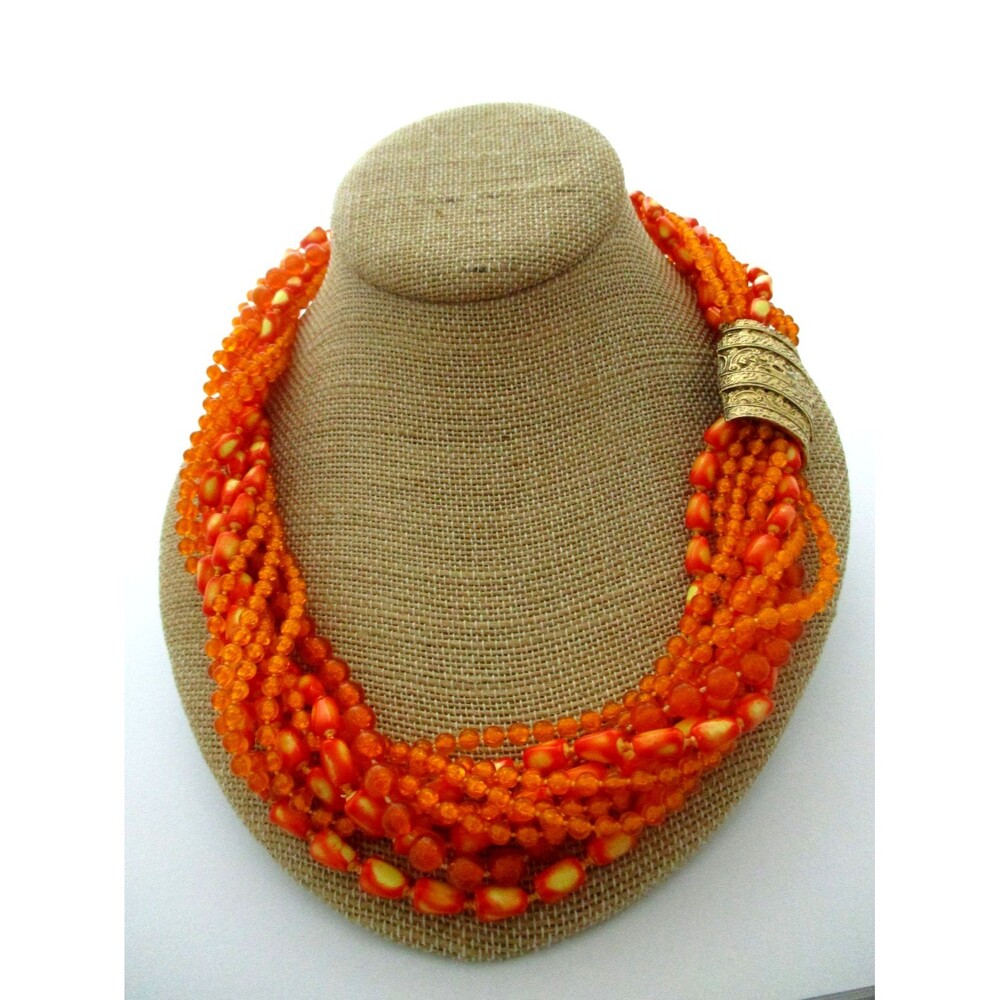 Vintage Selini orange lucite multi-strand beaded torsade necklace Halloween Fall